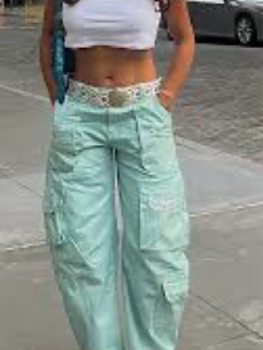 Like New We the Free "Lap of Luxury" Barrel Cargo Jeans in Metallica Aquamarine - Picture 5 of 14